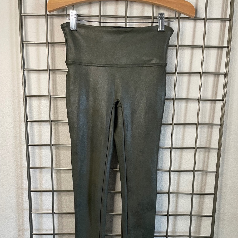 SPANX Faux Leather Leggings, sz S/P, Dark Olive
